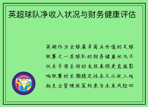 英超球队净收入状况与财务健康评估